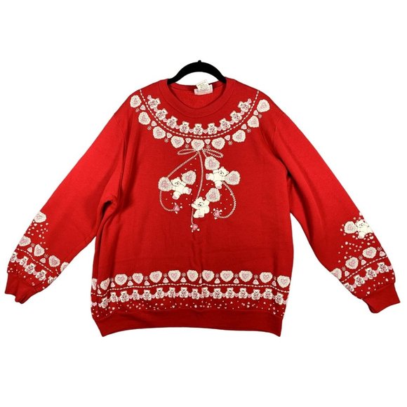 Vintage Scarab Fairy Kei TEDDY BEARS Large Sweatshirt 80s 90s USA Red Doubleside - Picture 1 of 16
